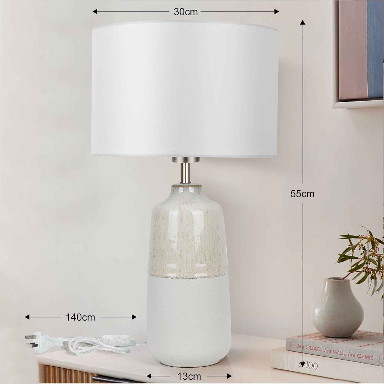 Tisuokae Bedside Lamps Set of 2, Ceramic Tall Bedside Table Lamps with Fabric Shade, Table Lamp with 3 Color Temperatures, Bedroom Table Lamp for Living Room & Office, LED Bulbs Included