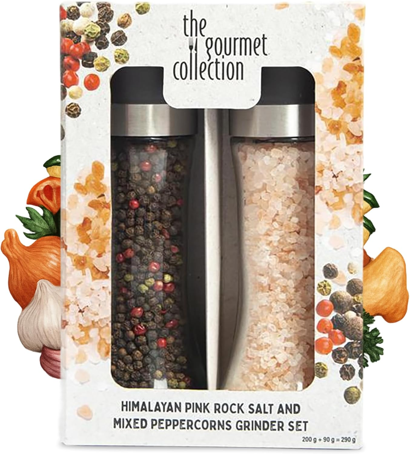 The Gourmet Collection Salt and Pepper Twin Pack Seasoning &ndash; 200G Salt & 90G Pepper, Refillable Spice Grinders for Cooking, BBQ Seasoning & Kitchen Use image number 1