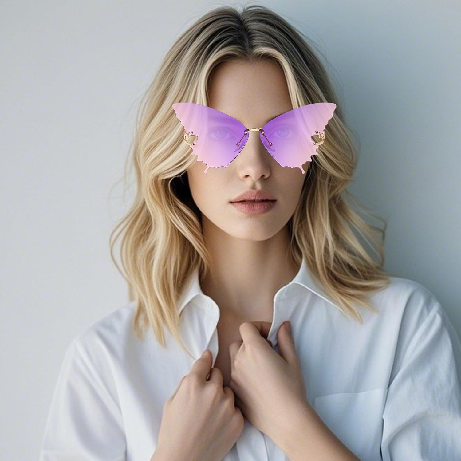 Qkbuza Butterfly Glasses - Trendy Eyeglasses - Butterfly Frameless Oversized Eyewear Anti-Glare Trendy for Women Driving Beach Vacation Summer Outdoor - Lavender image number 2