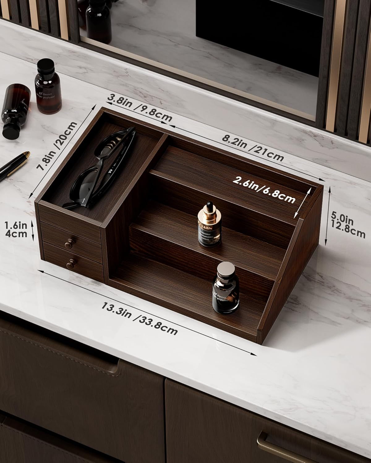 Procase Wood Men&rsquo;S Cologne Organizer with Drawers, 3 Tiers Perfume Elevated Storage Display Shelf Stand Countertop Riser for Cologne Skin Care Hidden Compartment for Father Men -Brown - Black image number 6