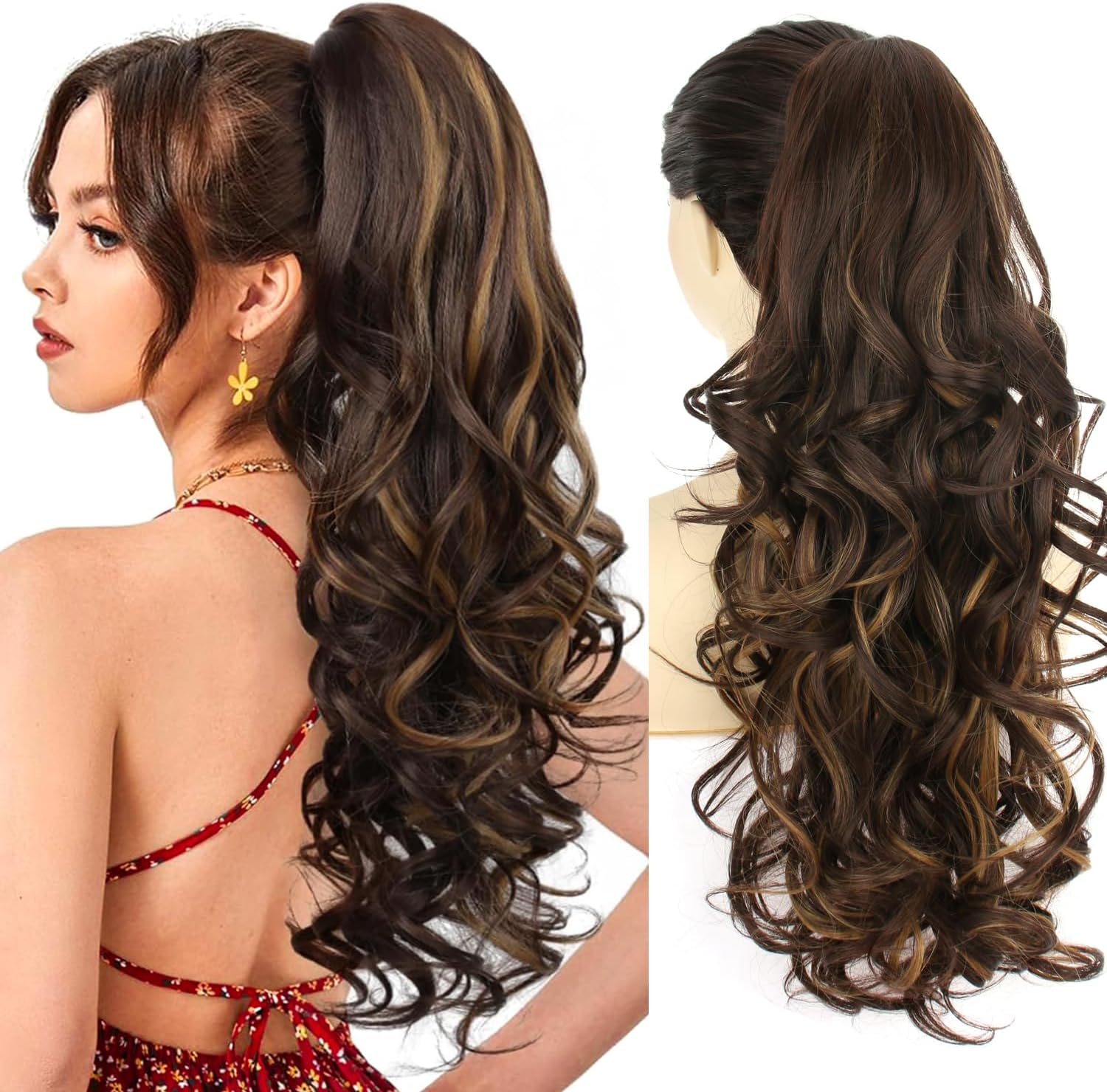 PORSMEER Ponytail Hairpiece with Clip, Claw Clip in Hair Extensions, 66 Cm Long Voluminous Wavy Ponytail Extension Hairpiece Braid Brown with Golden Highlights Colour for Women