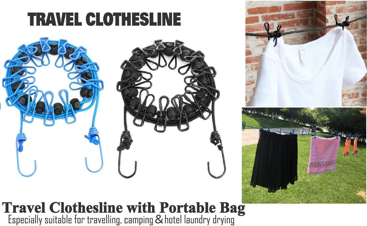 2Pcs Portable Clothesline with 12 Clothespins, Windproof Travel Clothesline Stretchy Retractable, Elastic Laundry Clothes Line for Travel, Camping, Hotel, Balcony, Backyard, and Indoor Use image number 6