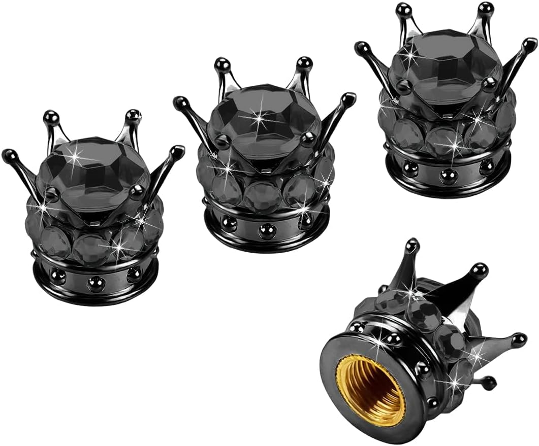 Crown Tire Valve Stem Caps, 4Pcs Handmade Bling Rhinestone Car Stem Air Caps Cover, Dustproof Tire Valve Caps for Bike Motorcycle Wheels, Auto Exterior Accessories for Girl Women (Black/Purple)