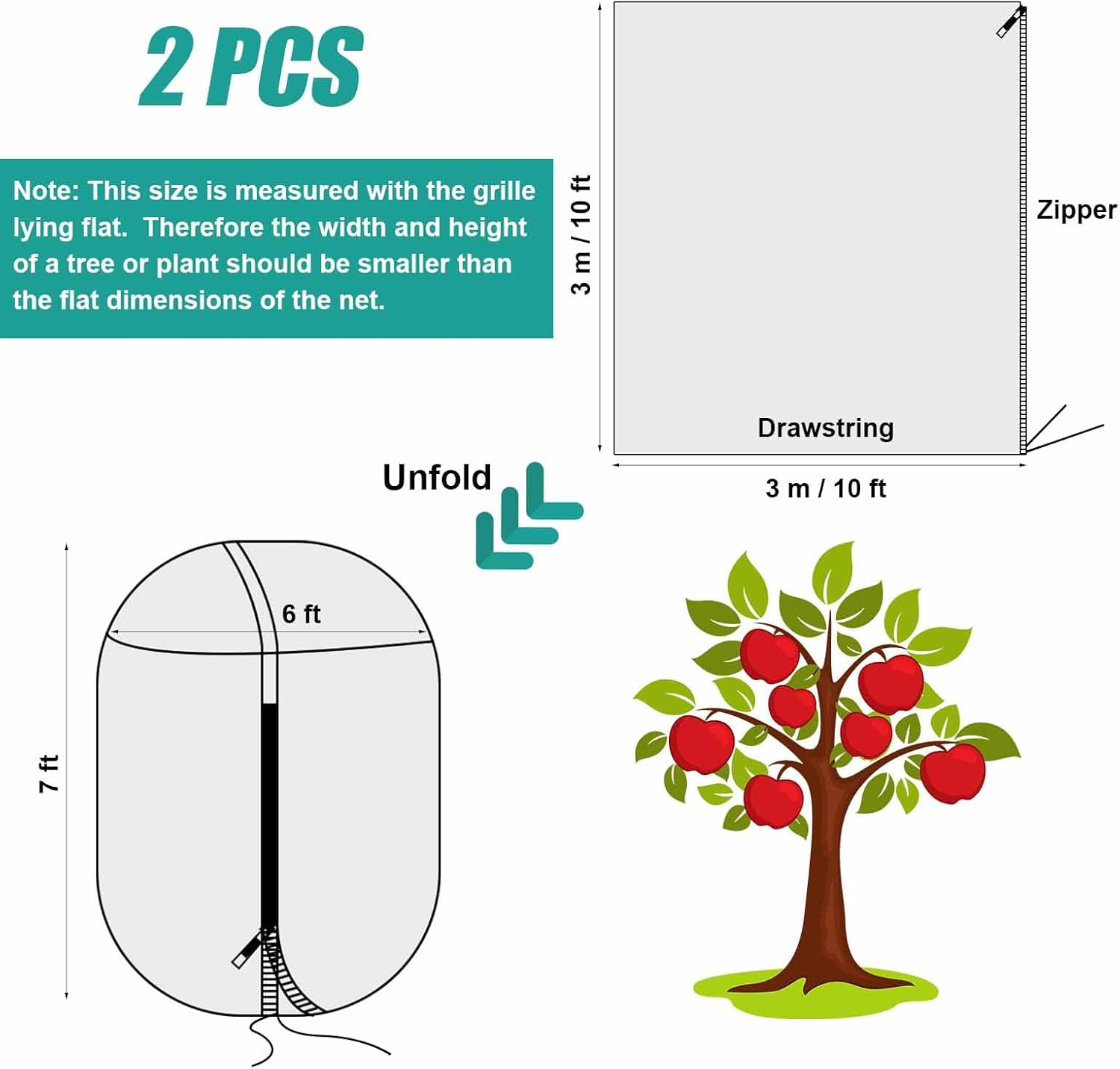 2Pcs 10Ftx10Ft Large Fruit Tree Netting Bags, Bird Netting Cover for Protect Plant Mulch with Zipper and Drawstring Lightweight Mesh Net for Garden Vegetable Bush Protection (Green) image number 1