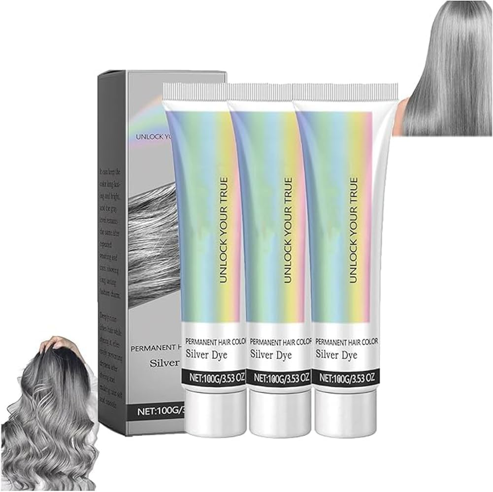 3Pcs 2-In-1 Natural Essence Extract Silver Hair Dye Cream - Metallic Gray Color Permanent image number 2