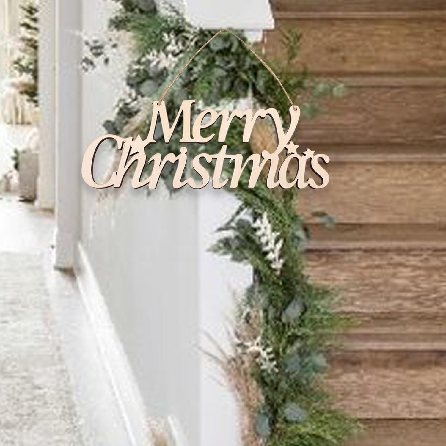 TENOL Merry Christmas Wood Sign Decoration Indoor Outdoor Hanging Wooden Wall Signs for Living Room Fence Christmas Tree Window, None B image number 3