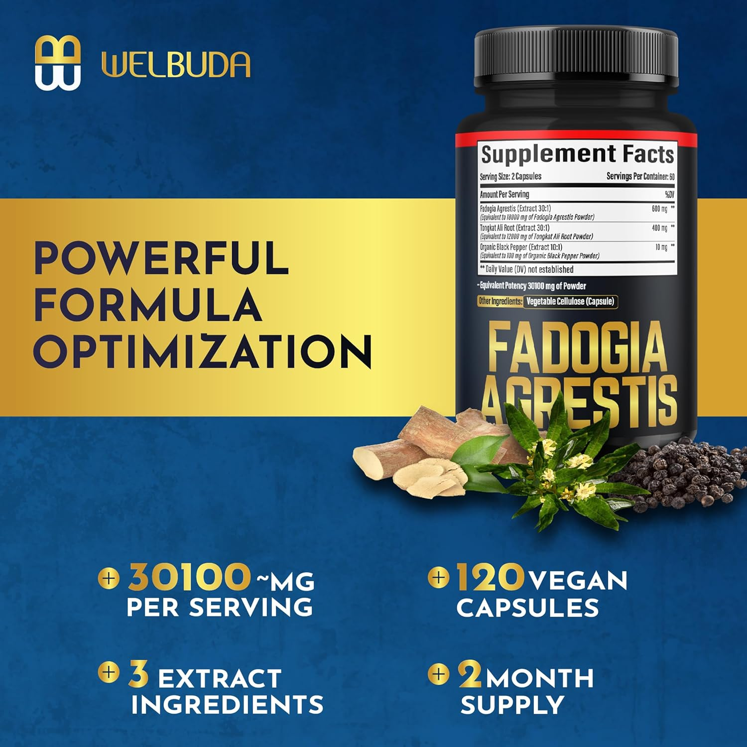 Fadogia Agrestis Supplement - Equivalent to 30100Mg for Muscle Build, Strength, Balance Body, Mood & Immune Support - Black Pepper & Tongkat Ali - 120 Vegan Capsules for 2 Months image number 5