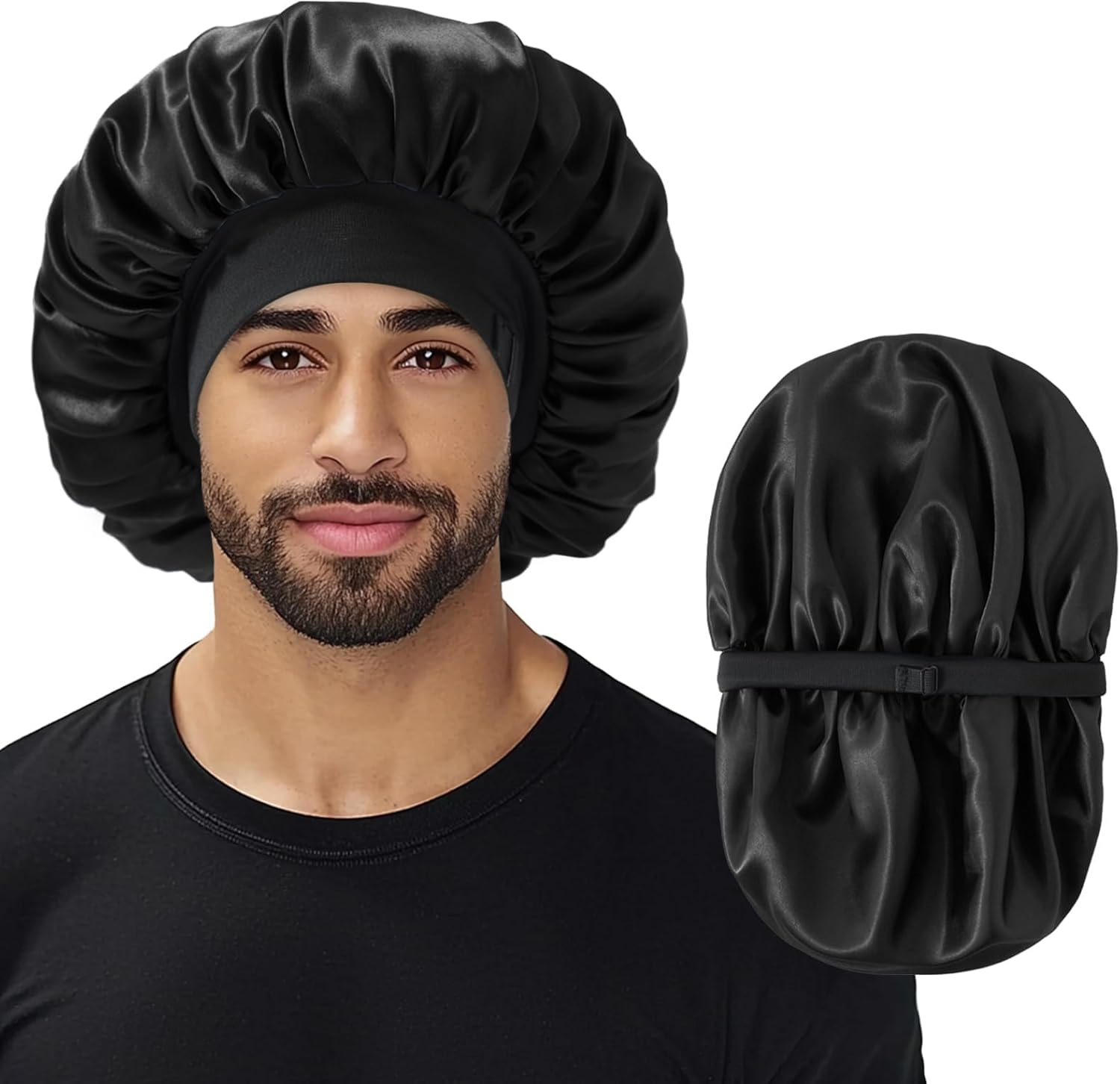 Bonnet for Men, Double Layer Hair Bonnet for Sleeping Adjustable Silk Satin Sleep Bonnet with Elastic Band