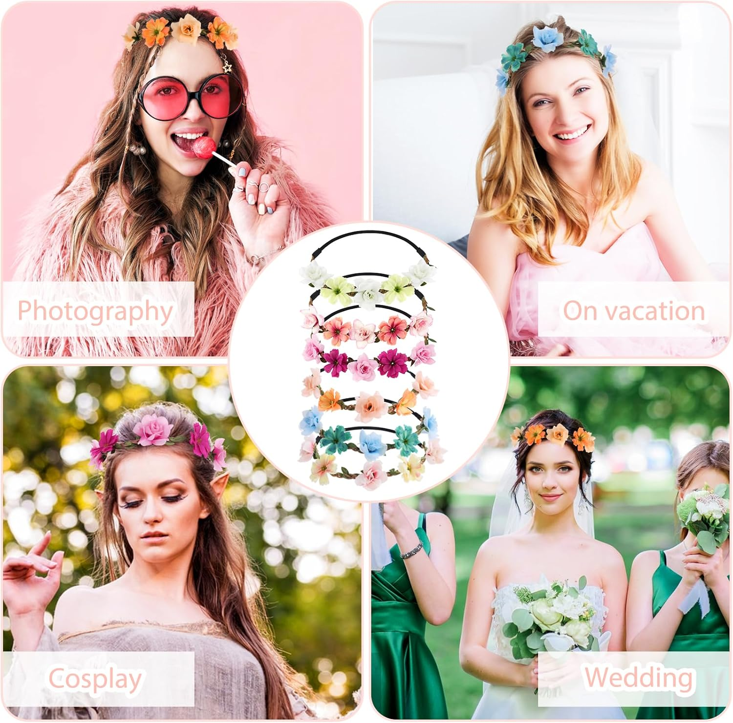 6Pcs Girls Flower Crown Headbands Flower Hair Band for Women Girls, Floral Tiara Hairband Garland Fashion Floral Headbands Wreath Festival Hair Accessories Elastic for Wedding Party Festival Party image number 2