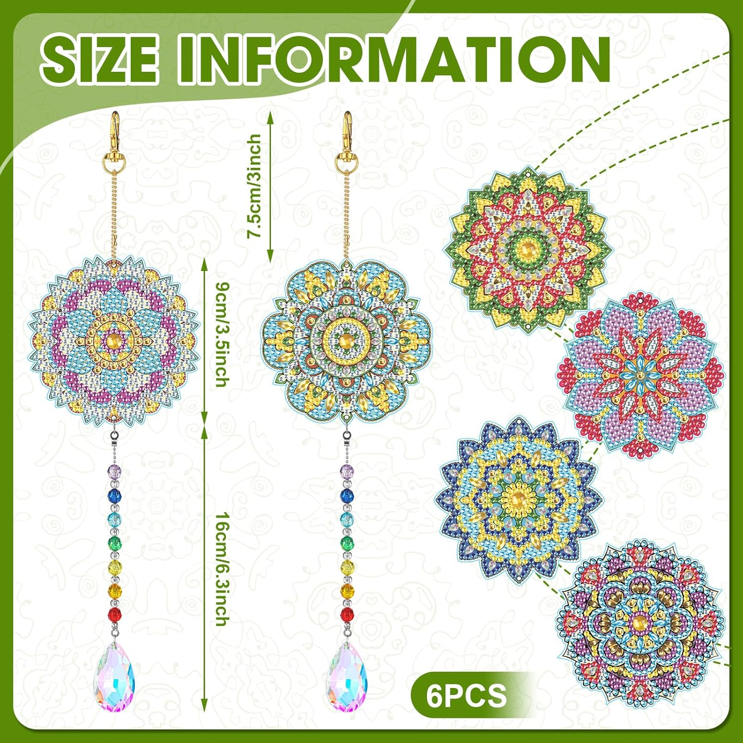 Yeaqee 6 Pcs Diamond Painting Sun Catchers Mandala Flower Diamond Art Wind Chimes Double Sided Hanging Ornament Painting Art Accessories and Tools for Garden Decoration Adults Kids DIY image number 3