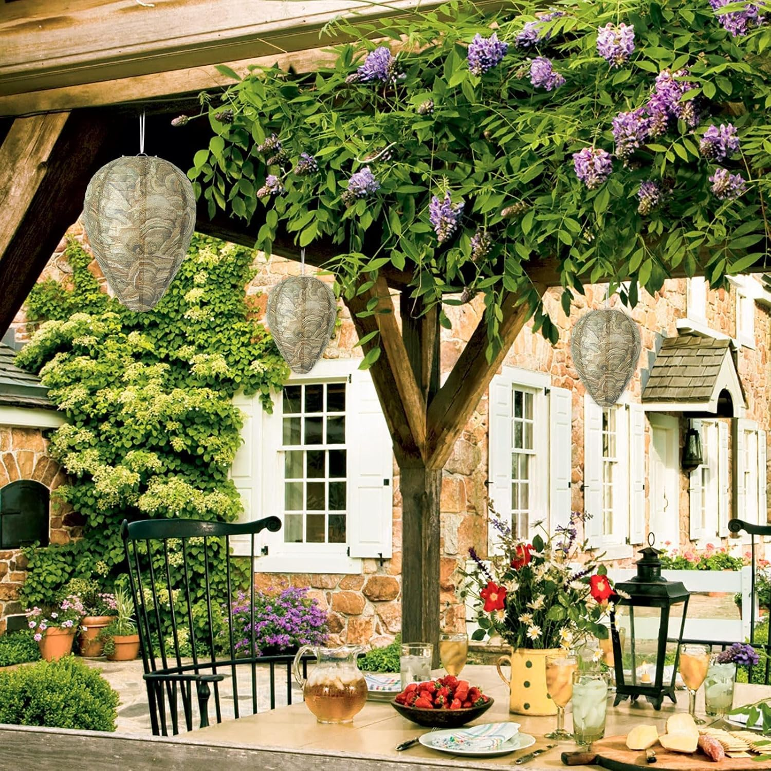 DECYOOL 6 Pack Paper Wasp Nest Decoy Hanging Wasp Nest Stay Away from Wasps Hornets Yellow Jackets(Brown Green)