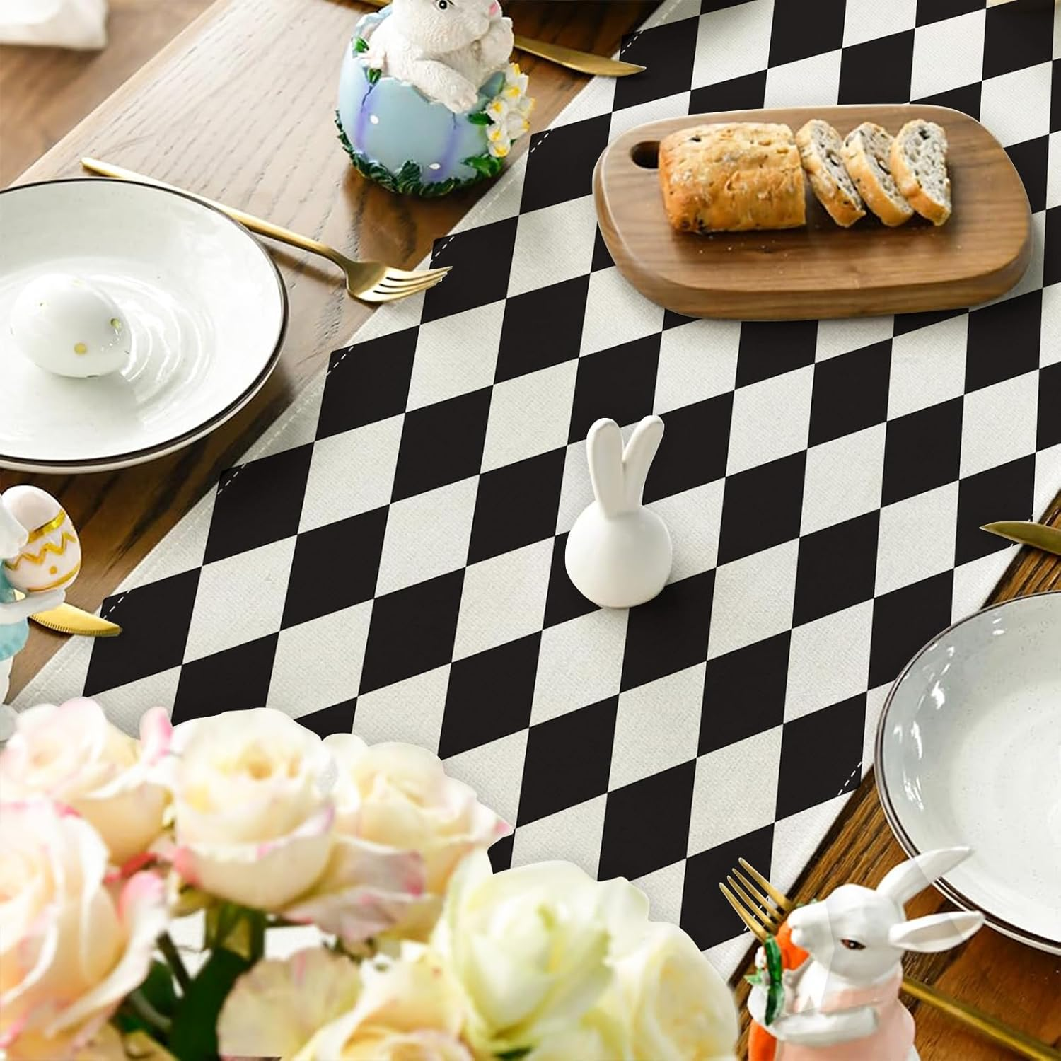 Black and White Diamond Table Runner Tea Themed Party Decor Picnic Holiday Checkered Table Cover Black and White Decorations for Simple Life Home Party image number 4
