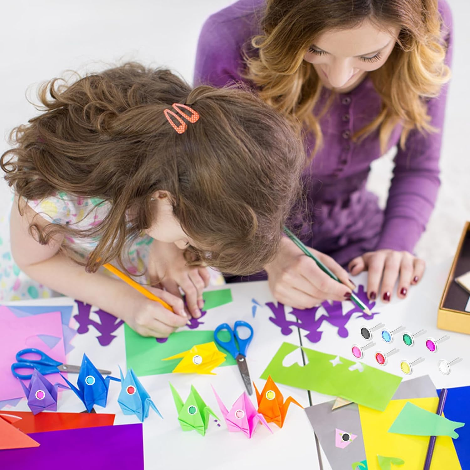 Pack of 100 Mini Brads Colourful round Head Clips Scrapbooking Brads Metal Pattern Bag Clips for School Office Paper Letter Clips Crafts DIY image number 3