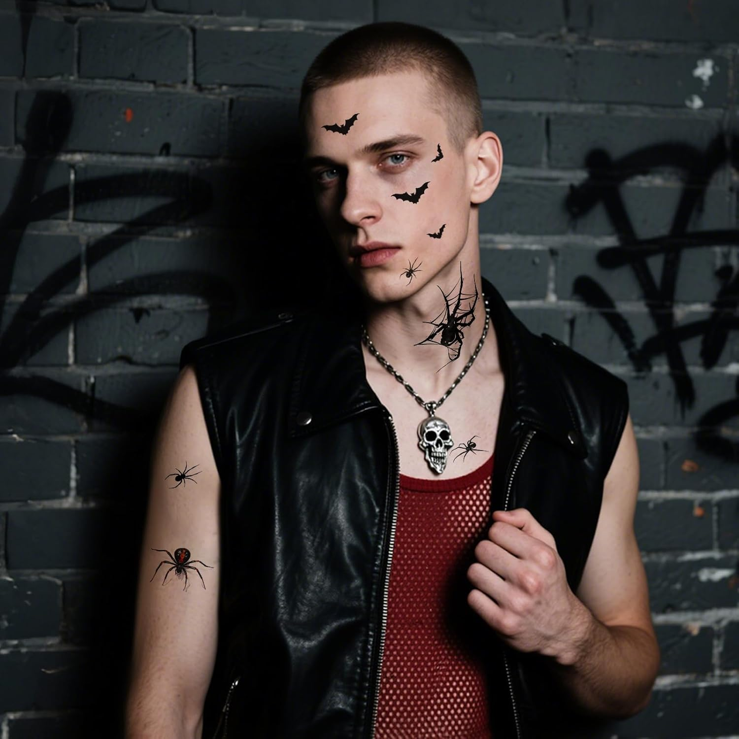 12 Sheets Face Tattoo Carnival, Large Size Bat Spider Tattoo, Adults Children Halloween Fancy Dress Tattoo Witch Accessories for Carnival Make-Up Halloween Masquerade Party - Bat image number 2