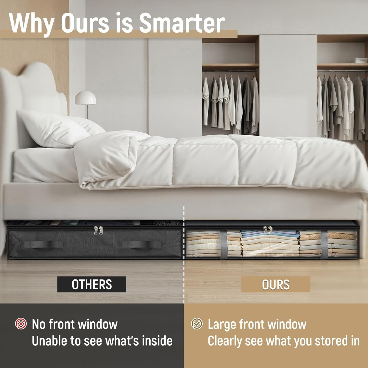 2Pcs Underbed Storage Bags,Foldable Large Underbed Storage Organiser Containers, Window Fabric Clothes Storage Boxs with Zips and Reinforced Handle for Blanket，Comforter/Bedding/Quilts image number 2