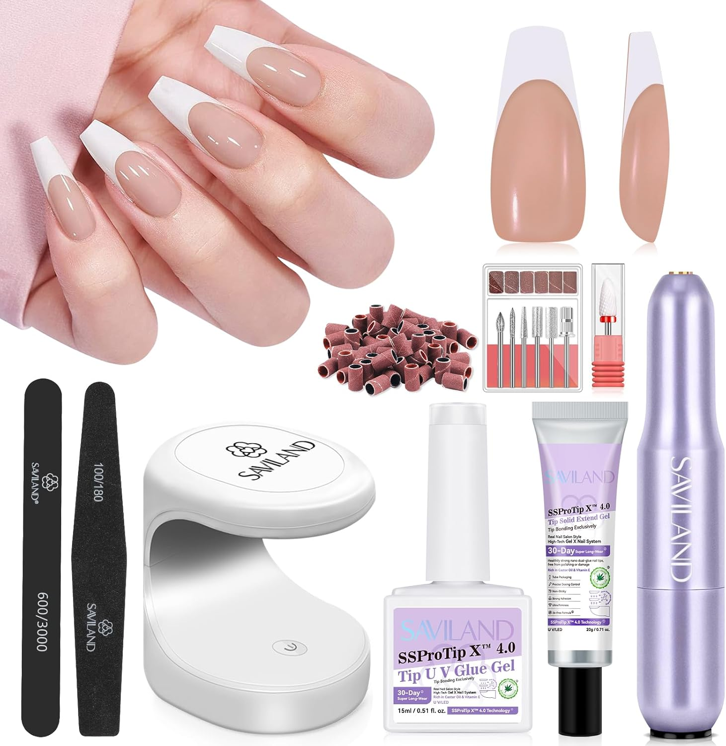 SAVILAND Gels Nail Tips: 30 Days Wear Nails Press Ons Brown Medium Coffin French Tip Press on Nails 256 Pcs Strong Nail Glue for Press Ons U V Light Electric Nail File Nail Art Tools for Beginners image number 3