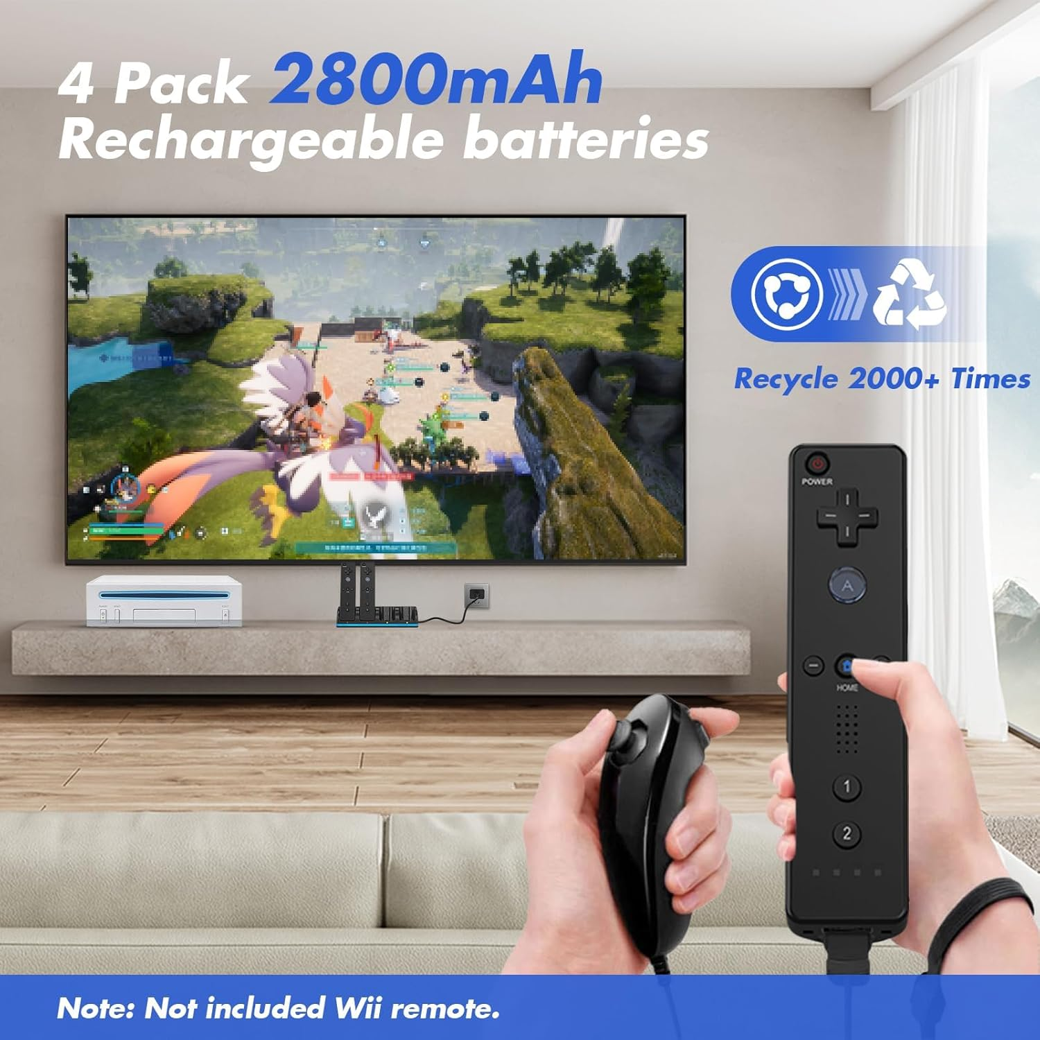 Remote Controller Charger for Wii/Wii U with 4 Pack 2800Mah Rechargeable Battery Pack, 4 Port Charging Station for Wii Controller, Remotes Are Not Included image number 2