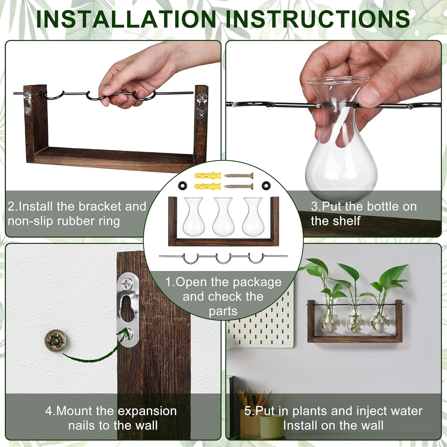 YIBOT Wall Hanging Planter Propagation Station,Plants Lover Gifts for Women, Plant Terrarium, Hydroponics Plants Home Office Living Room Wall Decor-3 Bulb Glass Vases image number 2