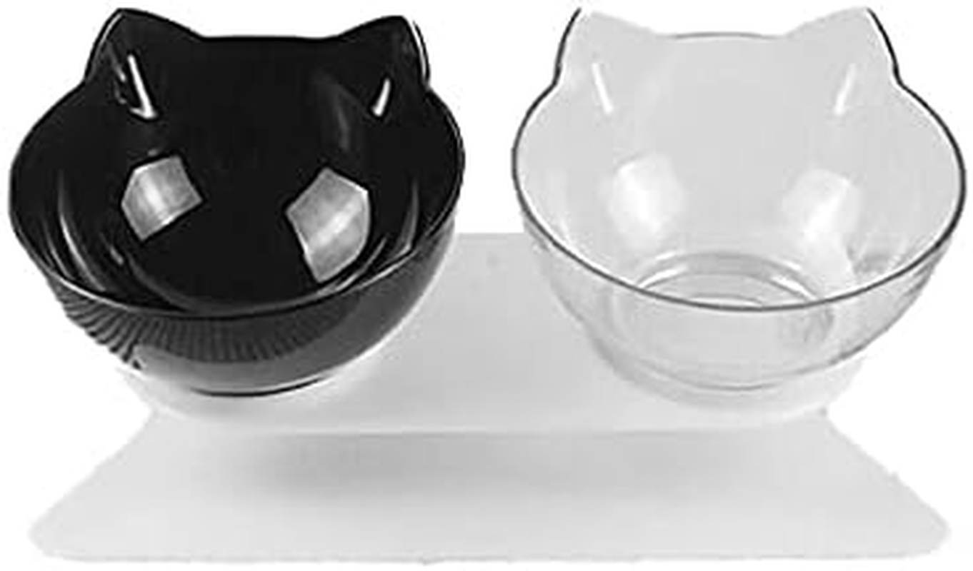 Double Elevated Cat Dog Pet Bowl Feeder Food Water Raised Lifted Stand Bowls (Black+Clear)