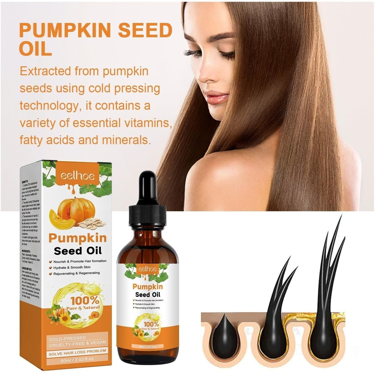 2PACK Pumpkin Seed Oil - 100% Pure Pumpkin Seed Oil Cold Pressed for Skin, Face, Hair Care, Eyebrow and Eyelash - Repairing Dry, Damaged Hair - 120Ml image number 4