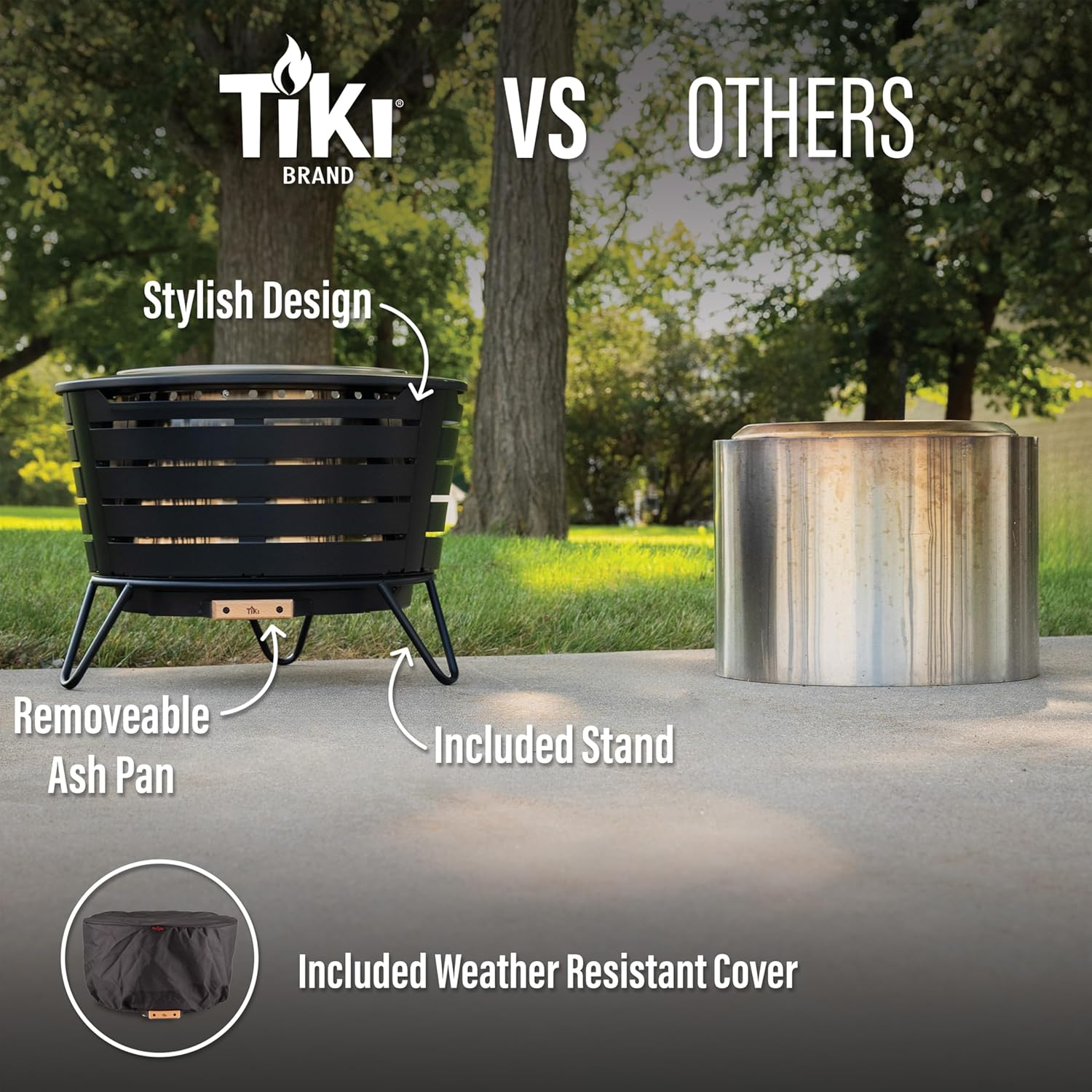 TIKI Patio Fire Pit Bundle &ndash; 25-Inch Smokeless Wood Burning Outdoor Fire Pit for Backyard, Patio, Deck & Garden with Removable Ash Pan, Stand & Weather-Resistant Cover &ndash; Modern Black Stainless Steel image number 4