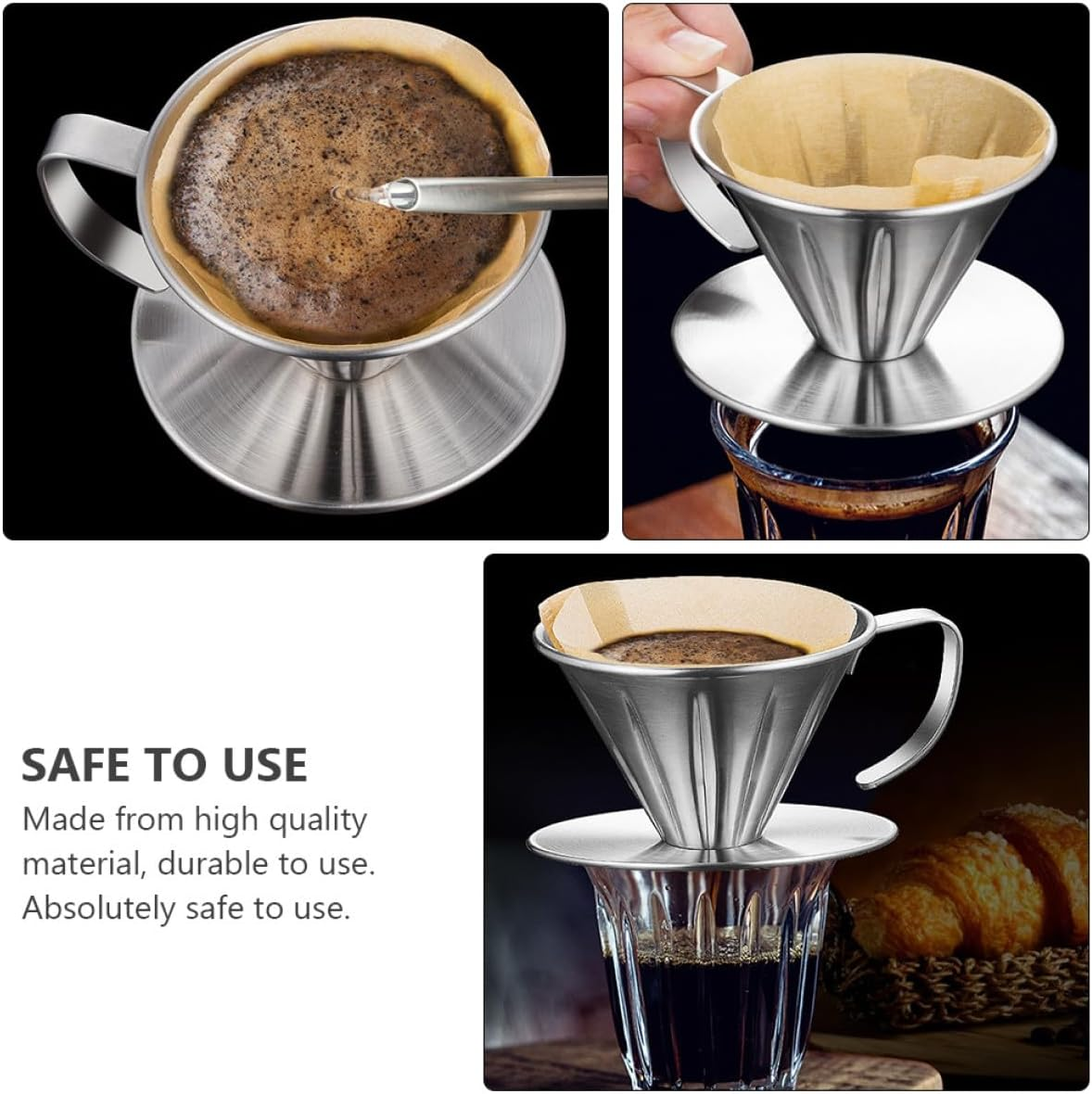 GLEAVI Stainless Steel Coffee Filter Cone Drip Filter with Handle and Base, Small Manual Coffee Strainer Funnel for Home Brewing and Tea Brewing image number 1