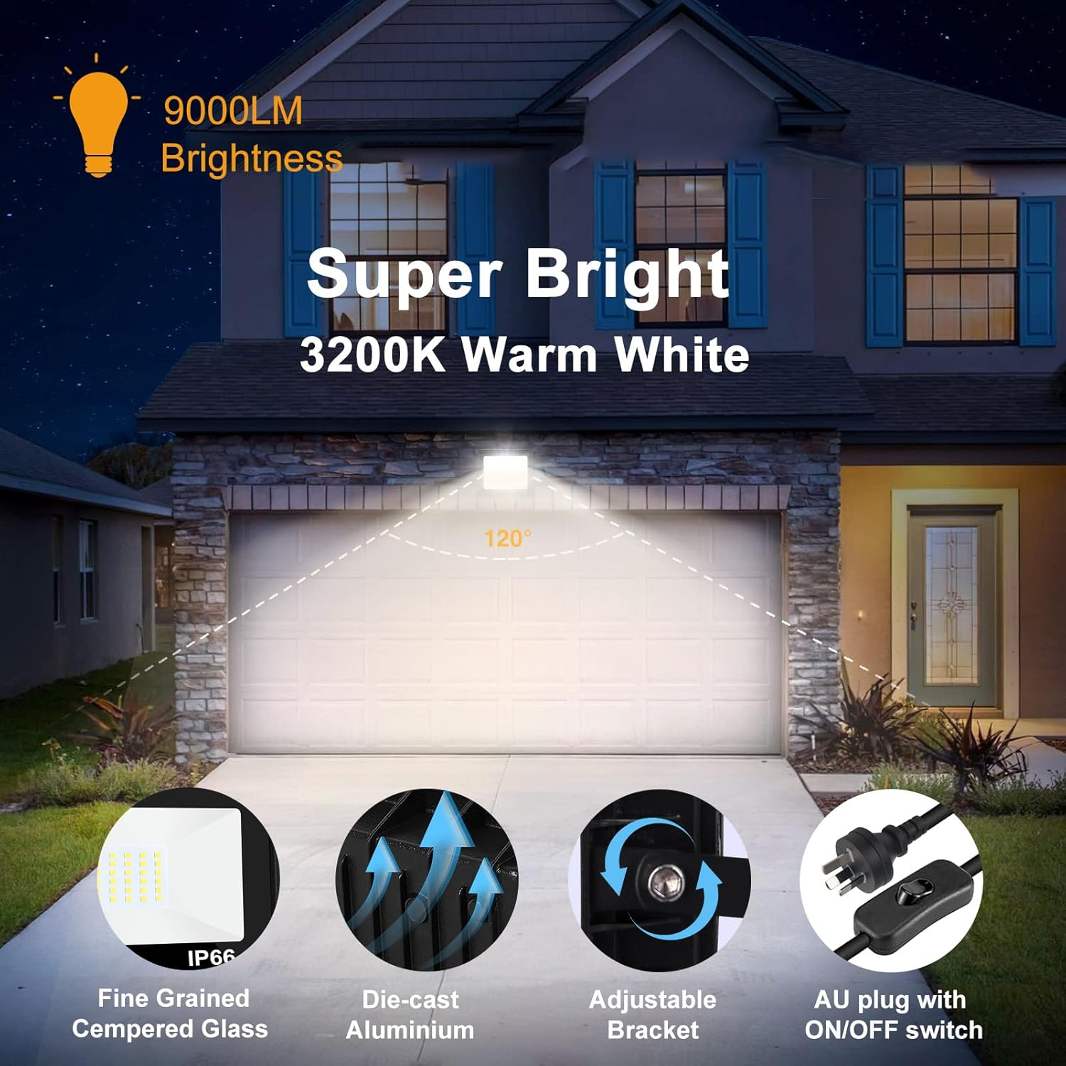 2 Pack 100W LED Flood Light Outdoor, 9000Lm LED Work Light, Floodlight with Plug On/Off Switch, 3200K Warm White Security Light for Yard Garden Stadium Garage Playground