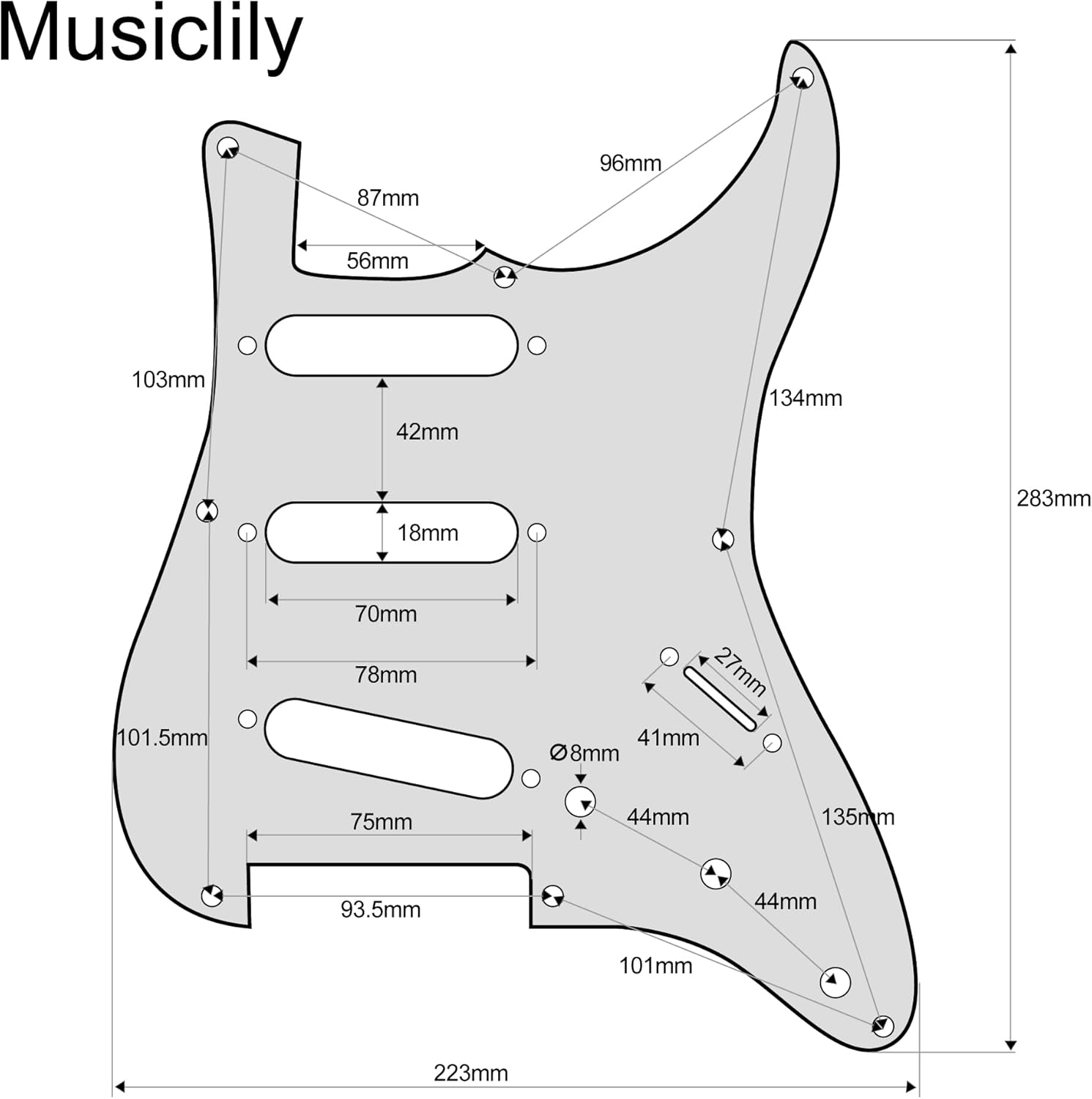 Musiclily Pro 8-Hole Guitar Strat Pickguard for JPN Fender Japan 57 Vintage Style Stratocaster, 1Ply White image number 6