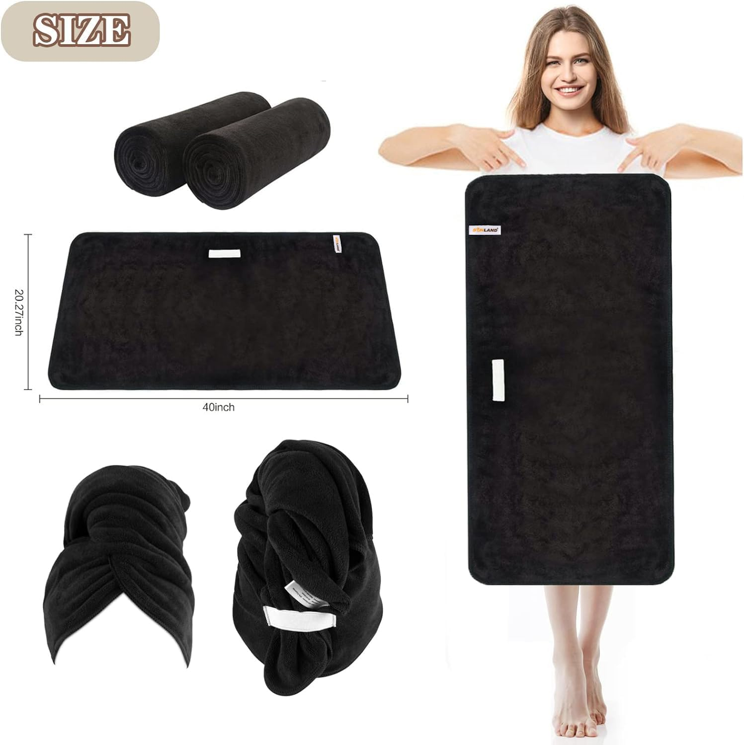 Sunland Microfiber Hair Towels anti Frizz Hair Drying Towel Super Absorbent Fast Drying Turbans for Wet Curly Hair Soft Hair Towel Wrap with Elastic Band for All Hair Types 40 X 20 Inches 2Pack Black image number 5