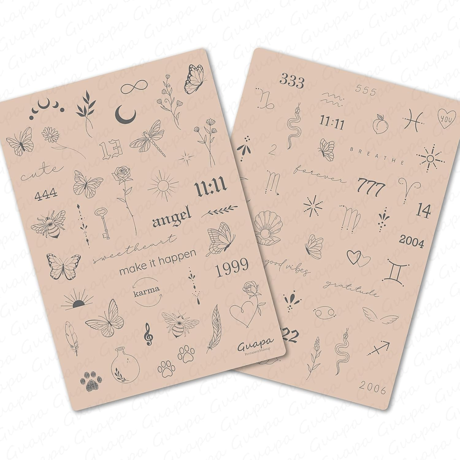 Guapa 3Pcs Tiny Tattoo Practice Skin over 80 Unique Stencil Designs Realistic Replication Tattoo Stencil Designs for Real Tattoos (Pink Sheet) image number 2