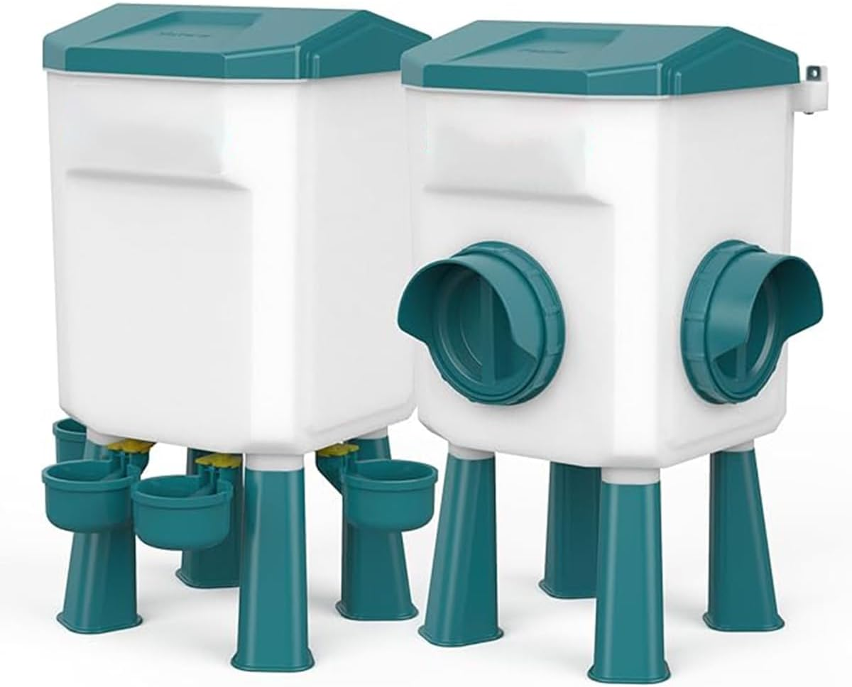 CLOUDSEASON Large Capacity Chicken Feeder and Waterer Set 12KG Auto Chicken Feeders and 11L Poultry Waterers Outdoor Chicken Water Feeder with Detachable Legs & Rain Hood (Green-12Kg+11L Set)