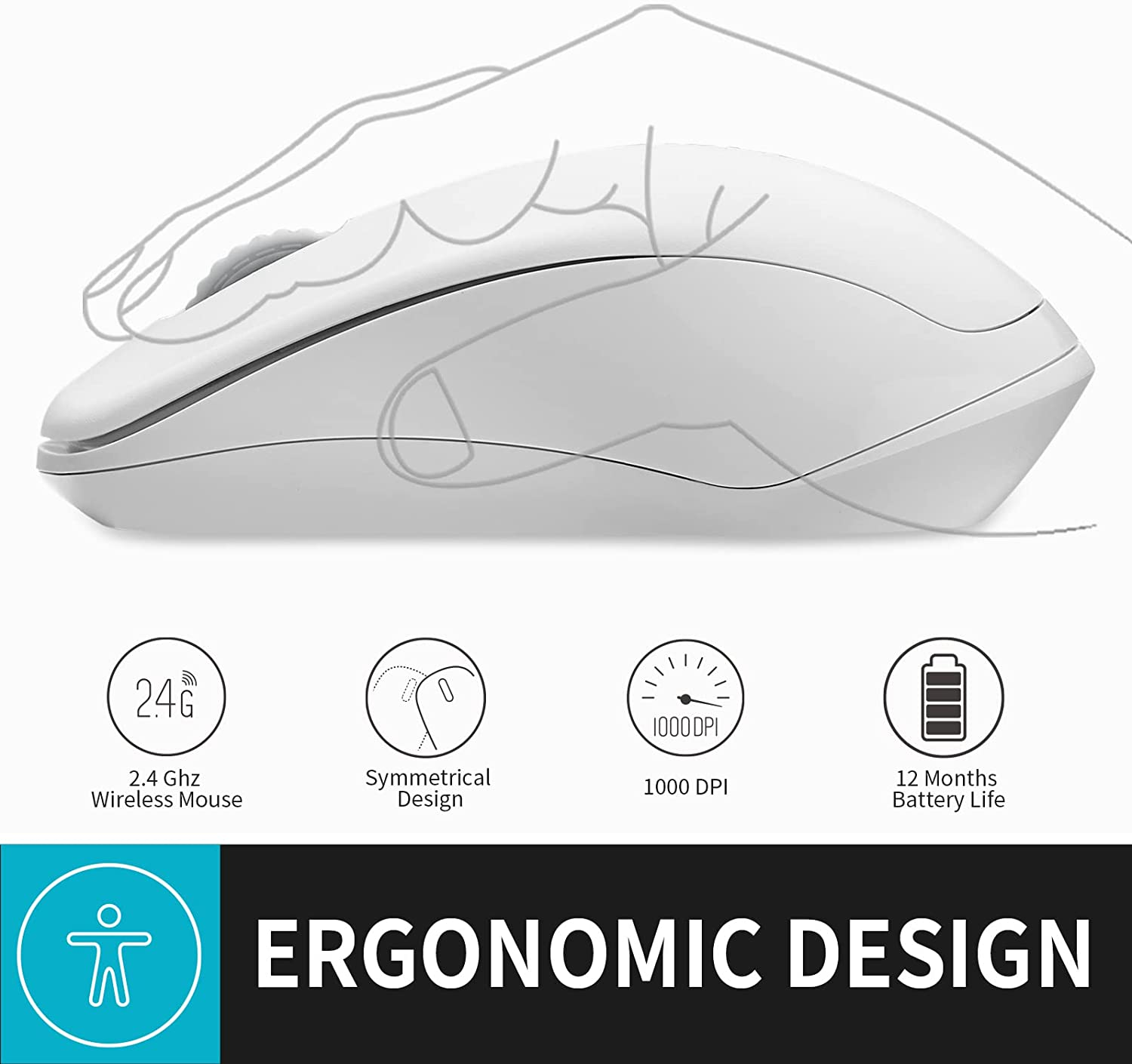 RAPOO 1680 Wireless Mouse, 2.4G Silent Mouse with USB Receiver, Ergonomic Mouse, Optical Mouse, Portable Light Computer Mice for Notebook, PC, Laptop, Computer, Long Battery Life, 1000 Dpi,Whiite - Mate Black image number 4