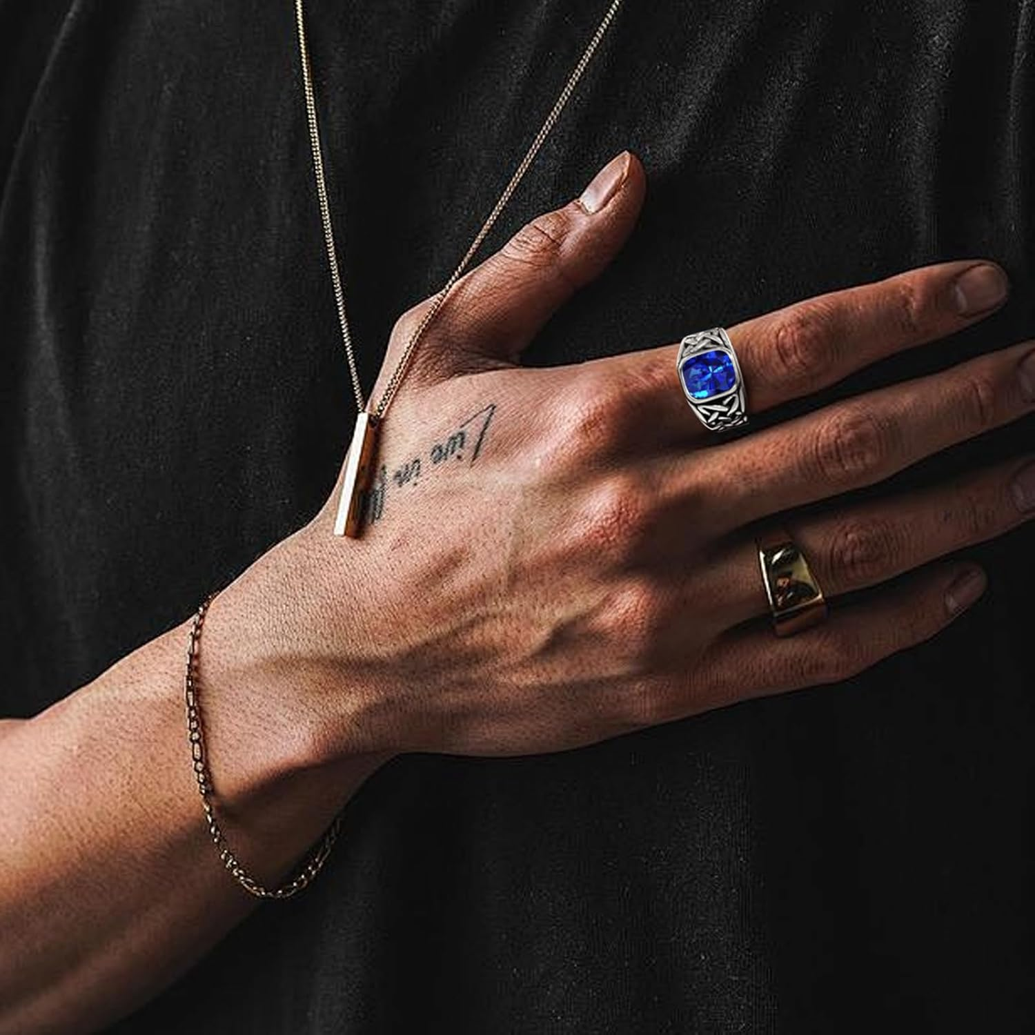 LIAN Mens Black Onyx Sapphire Rings Stainless Steel Square Agate Signet Rings for Men Pinky Thumb Ring Band for Dad Father Handmade Engraved Jewelry Men Boys