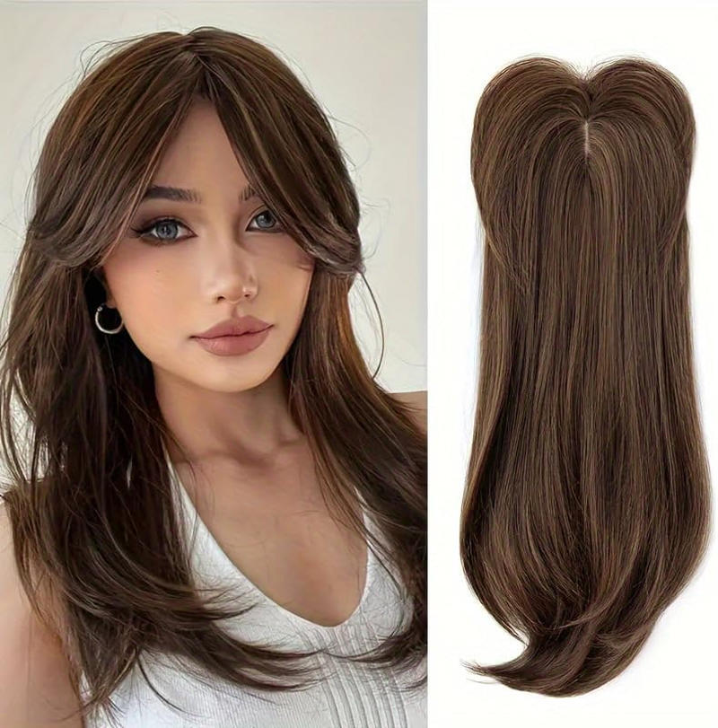 Hair Topper 22" Wavy Toppers Hair Pieces for Women Synthetic Middle Part Hair Topper Long Wavy Clip in Hairpiece with Fringe Bangs (1#)