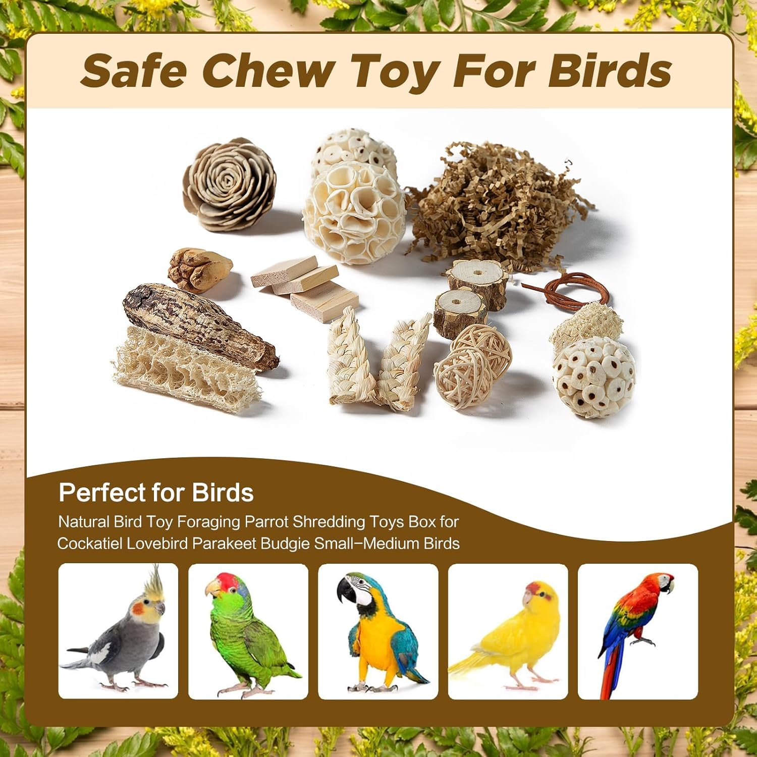 SUSOO Natural Bird Chewing Wooden Toys DIY Set, Safe Shredding Toys with Sola Balls, Wood Blocks, Apple Wood and Pine Cone, Foraging Toy for Parrots, Parakeet, Budgie, Conure,Love Birds and Cockatiel image number 2