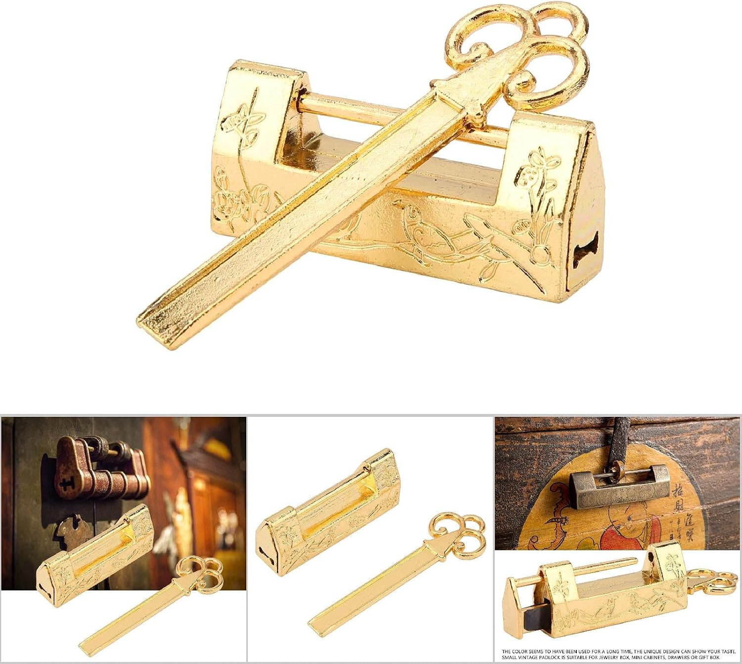 Mini Chinese Style Traditional Magpie Flower Padlock Small Key for Vintage Furniture Padlock Vintage (Gold) image number 1