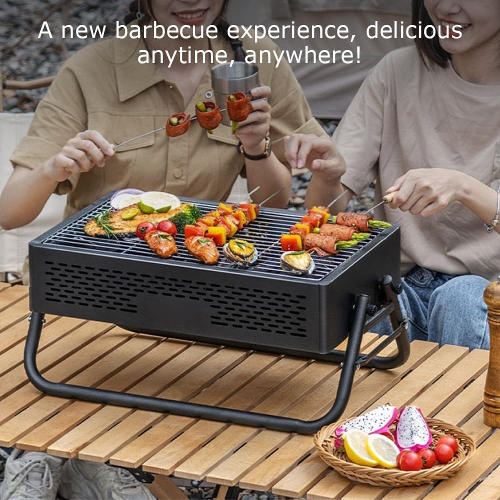 Rectangle Folding Barbecue Grill with Durable Material, Stainless Steel Charcoal Grill, Cooking Tea and BBQ Set, Portable BBQ Tool Kits, Suitable for Garden Picnic Outdoor Cooking (Black)