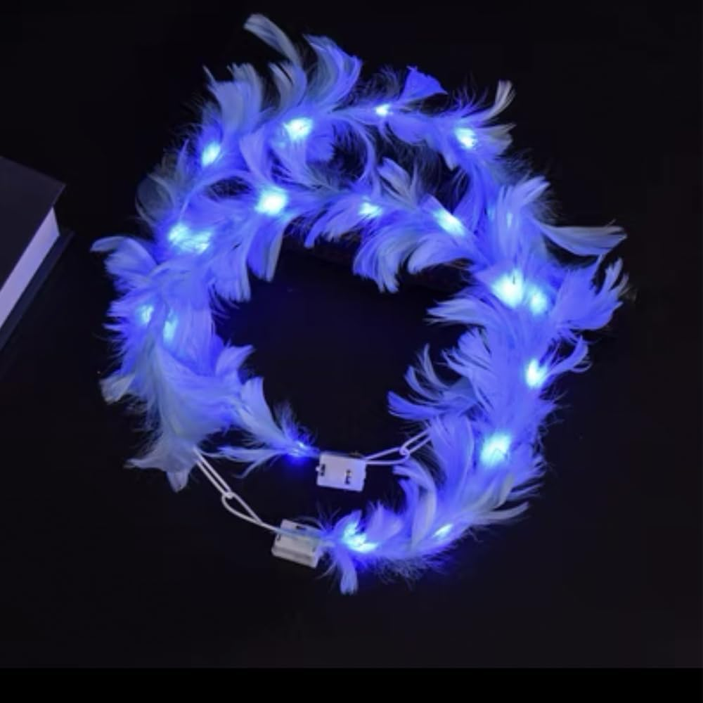 LEEMASING LED Feather Wreath Crown Headband Light-Up Angel Halo Headband for Wedding Christmas Halloween Valentine'S Day (Blue)