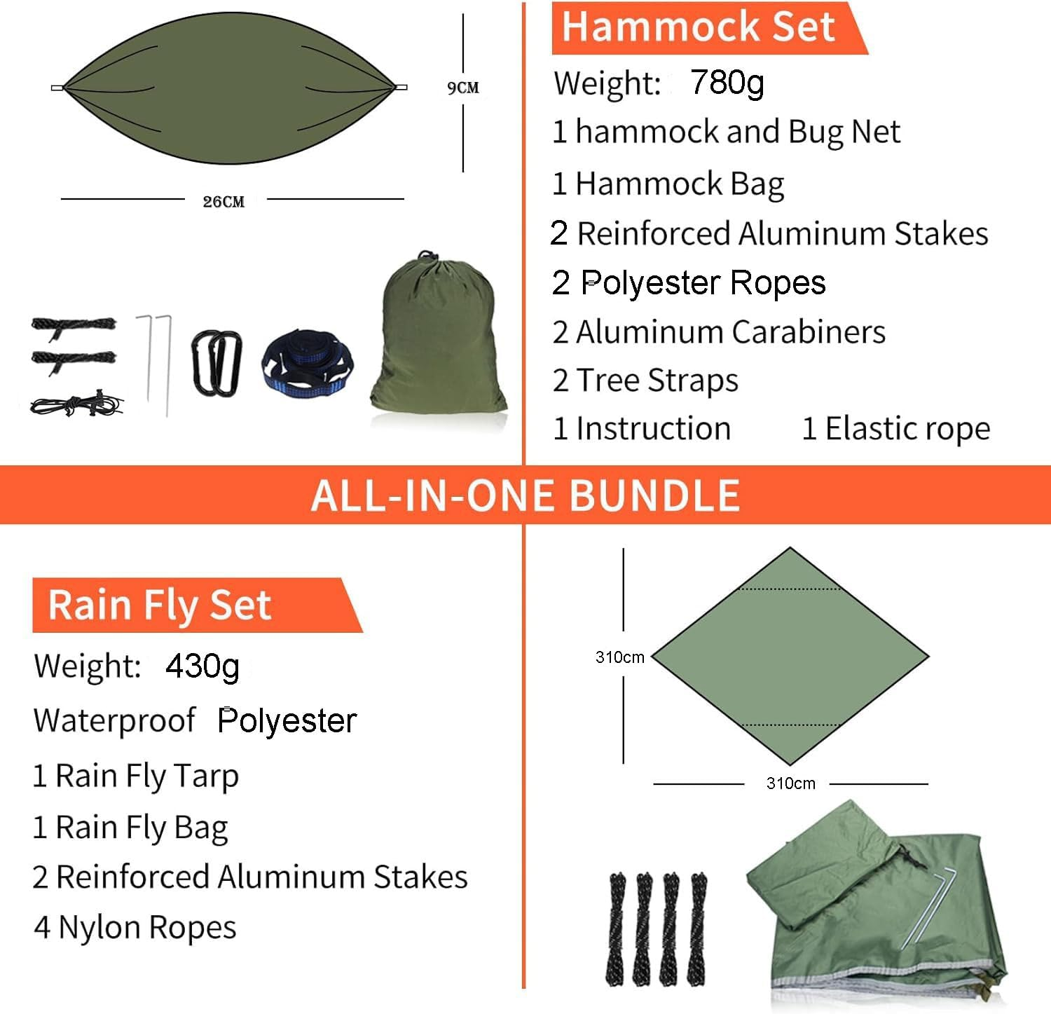 Dxzephious Camping Hammock with Rain Fly Tarp and Mosquito Net Portable Single Double Hammock Tent with Tree Strap Backpacking Hammock with Rain Cover for Hiking Travel Yard Activities Green image number 3