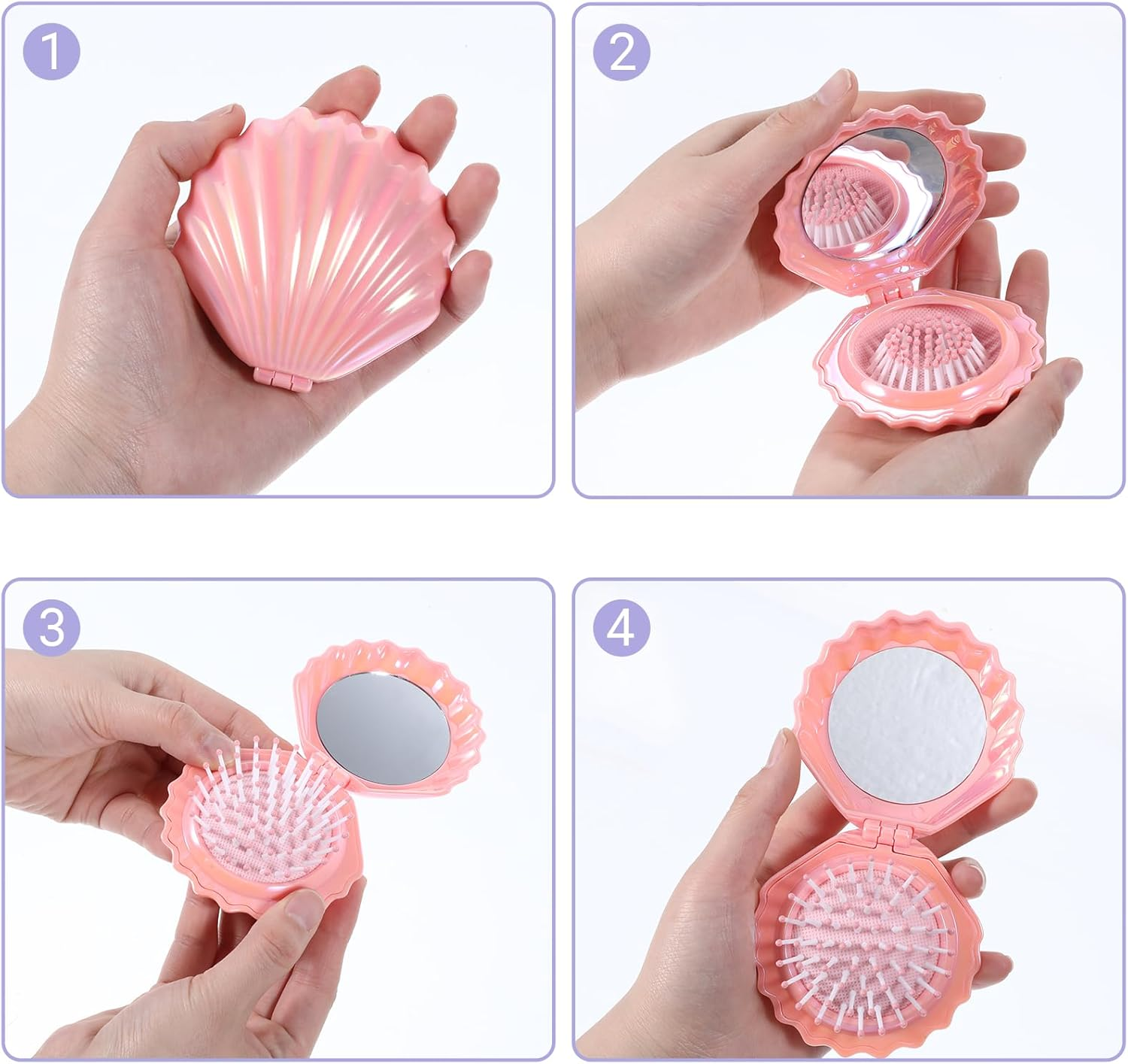 Metallic Shinning Finish Foldable Travel Hair Brush, 2 Pcs Mini Hair Brush with Mirror Shell Shape Portable Hair Brush Pocket Brush Compact Brush Mini Massage Comb Travel Brushes for Hair Women Men image number 5
