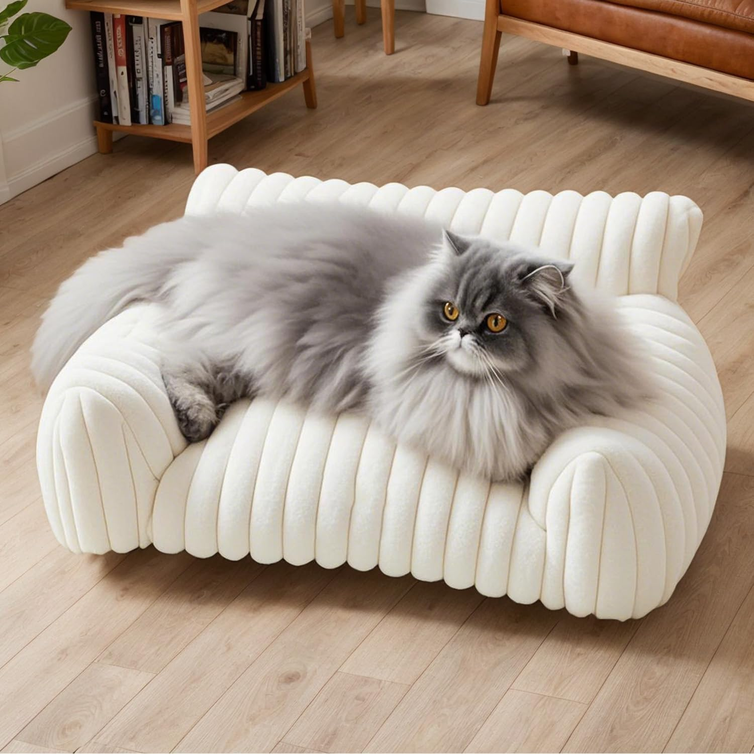 Cute Cat Couch Bed for Indoor Cats, Fluffy Cat Sofa with Premium Soft Corduroy Fleece, Fuzzy Pet Chair with Removable Washable Cover, Orthopedic Small Pet Bed with Non-Slip Bottom (:61*45*25Cm,Cream) image number 2