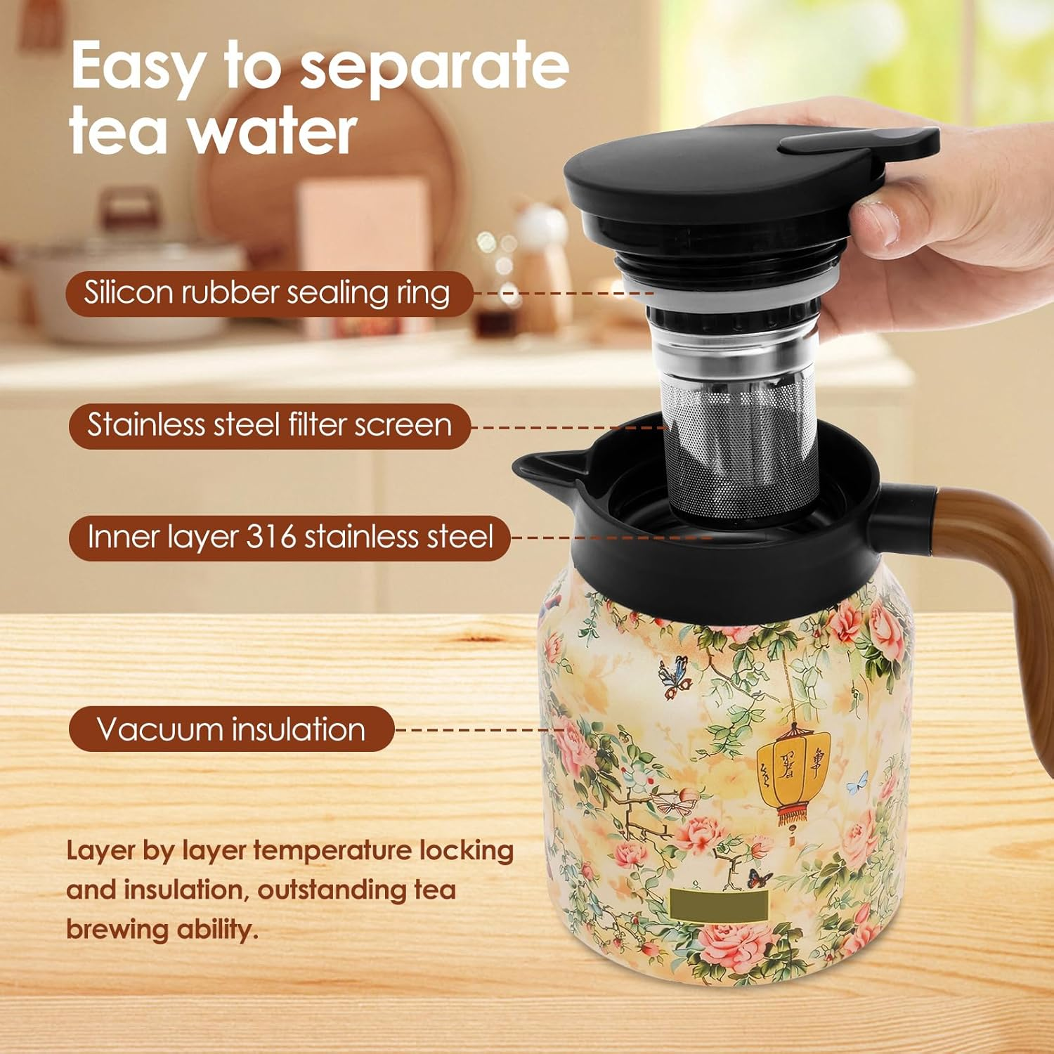 Thermal Tea Pot with Handle and Built in Infuser Stainless Steel Insulated Tea Kettle Flower Pattern Insulated Infuser Pot Practical Thermal Carafe for Home Office Zjmcajy(Beige) - Beige image number 3