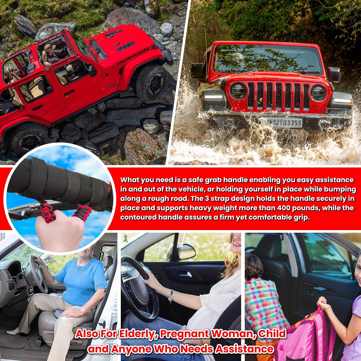 4 X Roll Bar Grab Handles Grip Handle for Jeep Wrangler JK JKU JL JLU TJ YJ Sports Sahara Freedom Rubicon Unlimited Gladiator JT 1955-2023 UTV ATV Premium 550 Paracord Interior Accessories (Red)