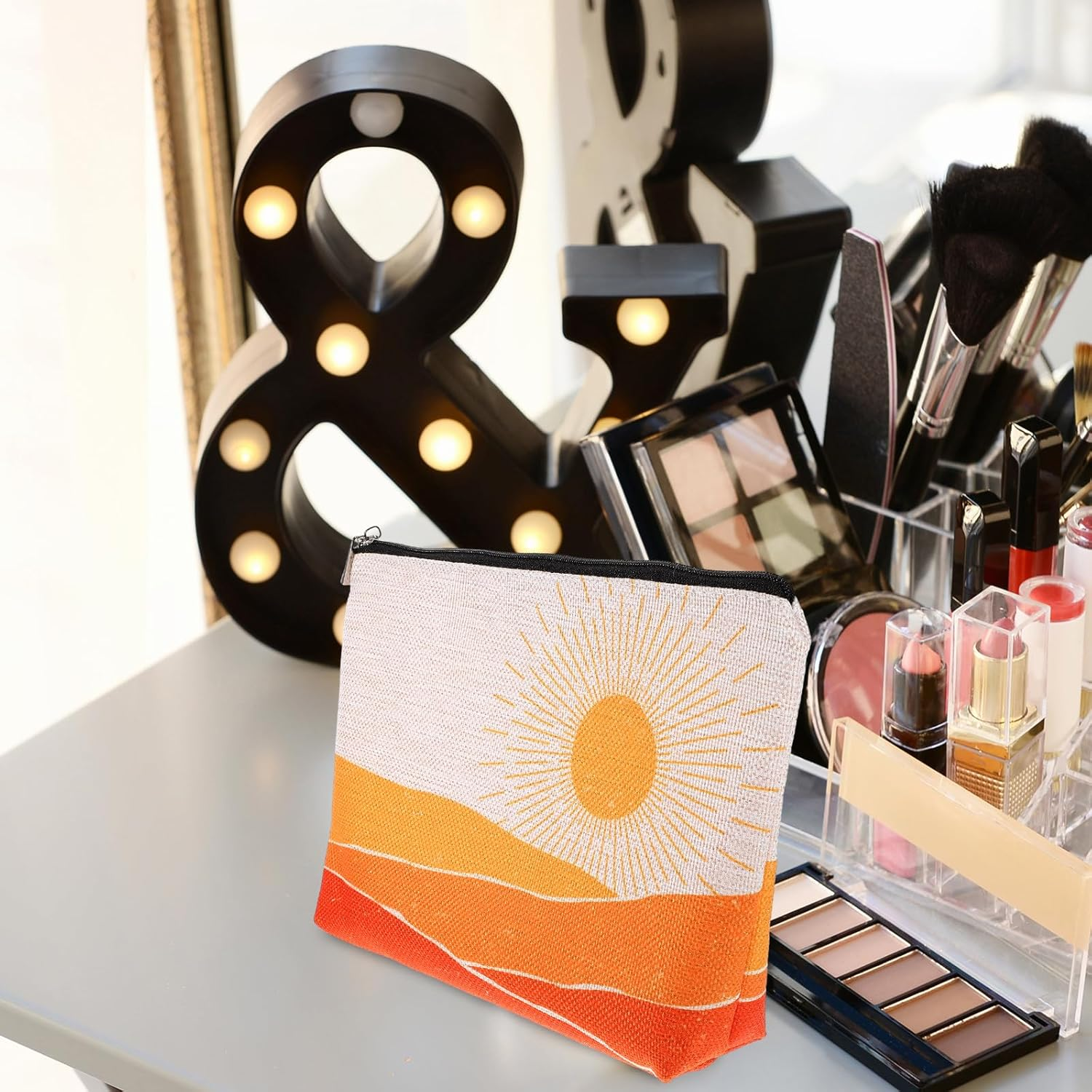 VERDANVERSE Waterproof Cotton Linen Makeup Bag with Geometric Pattern, Portable Travel Cosmetic Organizer Pouch for Toiletries and Accessories, Lightweight Bohemian Style Toiletry Bag image number 1