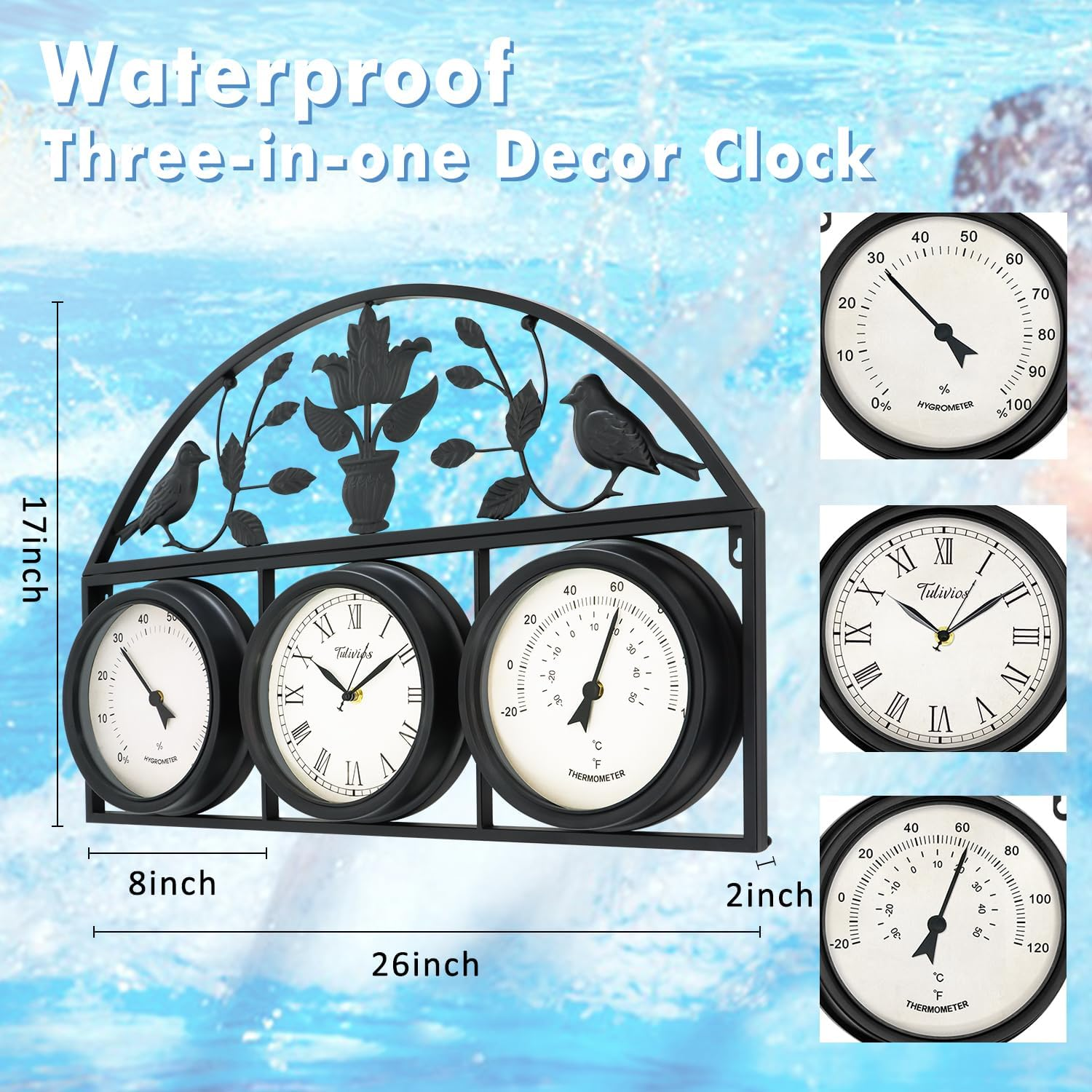 Tulivios 24 Inch Large Outdoor Clock, Pool Clock with Thermometer and Hygrometer Combo, Clock Outdoor Weatherproof Non-Ticking Quartz Battery Operated Decor Waterproof Clock for Patio, Garden, Porch