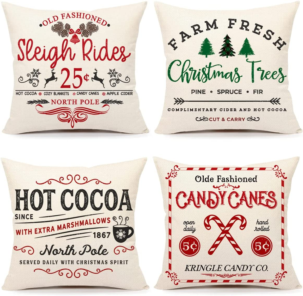 Farmhouse Christmas Pillow Covers 18X18 Set of 4 Winter Holiday Decorations Xmas Red Green Rustic Throw Cushion Case for Sofa Couch Home Decor (Sleigh Rides, Farm Fresh Tree, Cocoa, Candy Canes)