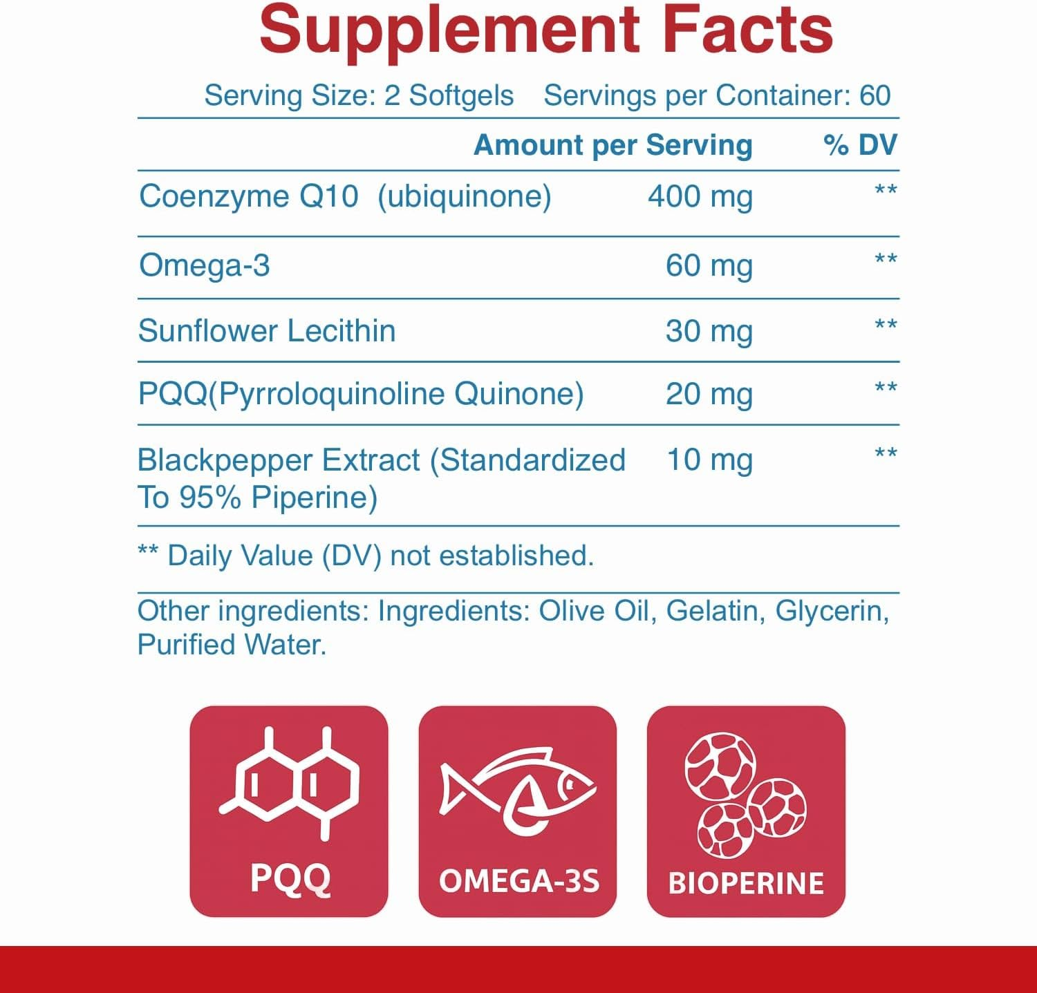 Coq10 400Mg, Omega-3, PQQ & Black Pepper Extract, 120 Softgels, Gluten Free, Non-Gmo by Glowbelly image number 3