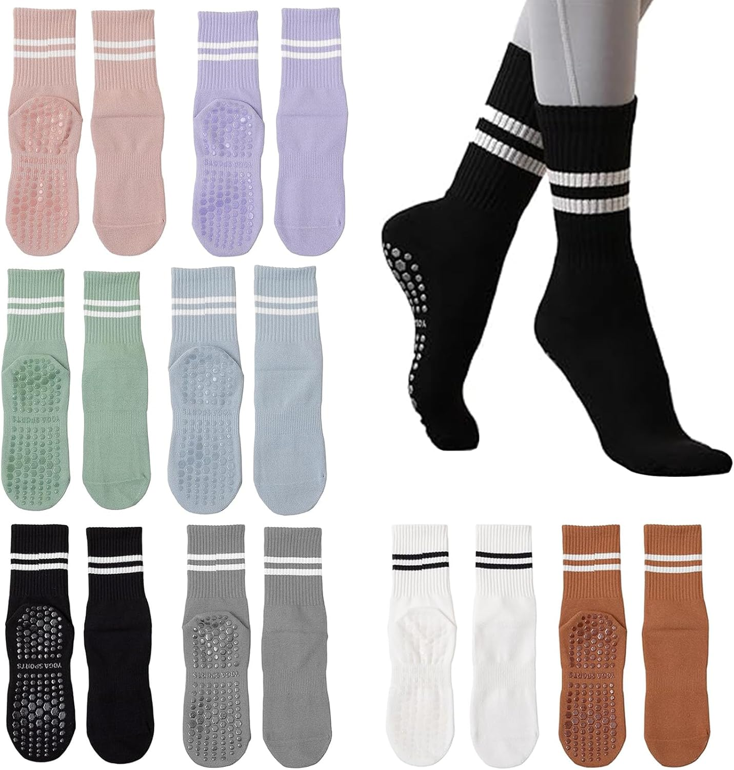 8 Pairs Variously Colored Yoga Socks with Grips Pilates Workout Socks Ballet Dance Socks Crew Socks Silent Socks Professional Non-Slip Floor Socks Shock Absorption Cushioning Socks for Men Women image number 5