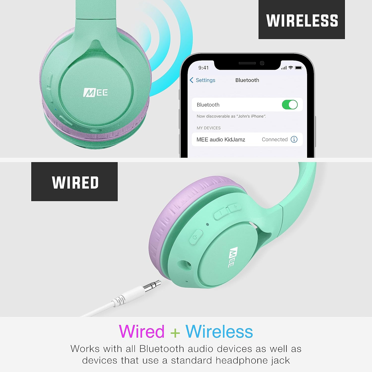 MEE Audio Kidjamz KJ45BT Children'S Safe Listening Bluetooth Wireless Headphones with Volume Limiter & Microphone, Adjustable On-Ear Kids Headset for Online Learning/School/Travel/Tablet Mint/Lavender image number 2