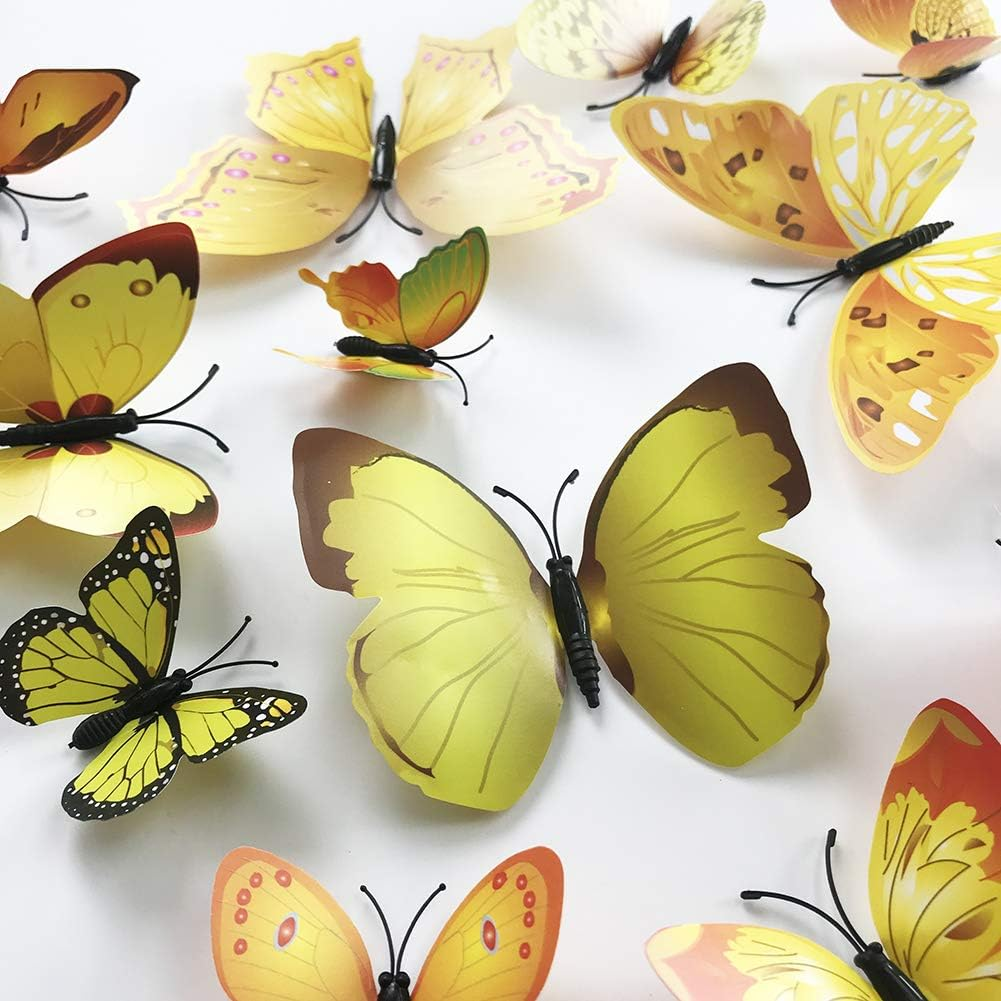 36Pcs 3D Colorful Butterfly Wall Stickers DIY Art Decor Crafts for Party Nursery Classroom Offices Kids Girl Boy Baby Bedroom Bathroom Living Room Magnets and Glue Sticker Set (Yellow-Single Wing) image number 3